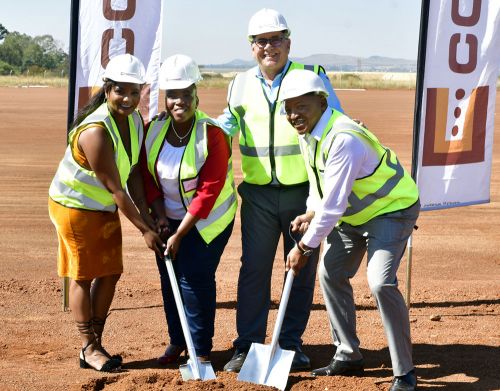 At the sod turning of the new Corobrik factory at Driefontein is (L to R) Lerato Mokgotsi, Rehab Mathobela, Peter du Trevou (Corobrik Chairman) and Bryan Soldaat, Director: Resources Based Industries for the Department of Trade and Industry.