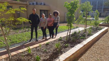 Cput 084816 it's: Landscape Architecture students Kyle Goliath, Inge Krigga, Noma Ngcelwane and Deidre Goeieman show off the finished courtyard