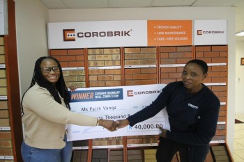 Corobrik is proud to announce the winner of 2019 Boundary Wall competition! Congratulations to Ms. Faith Vanqa of Orlando West, Soweto. Mrs Vanqa received her cheque for R40 000 from Mrs Karabo Marutla (left) Corobrik Centre Manager Corobrik Crown Mines.